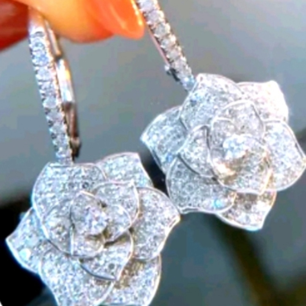 Silver Rose Rhinestone Earrings - Picture 2 of 2